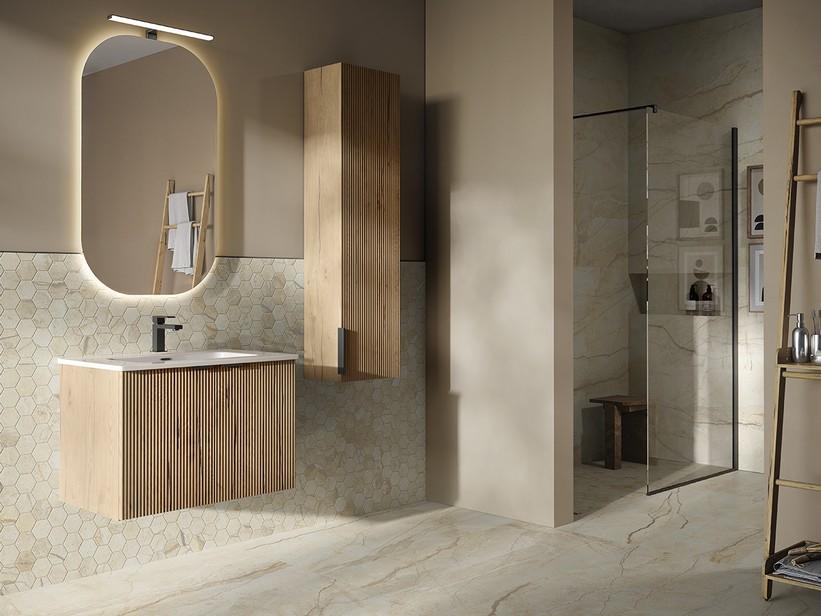 Badmöbel AVIVO 75 cm 2 Türen gerippt Eiche hell mit Waschbecken aus Keramik ANDY Weiß glänzend. | IperCeramica