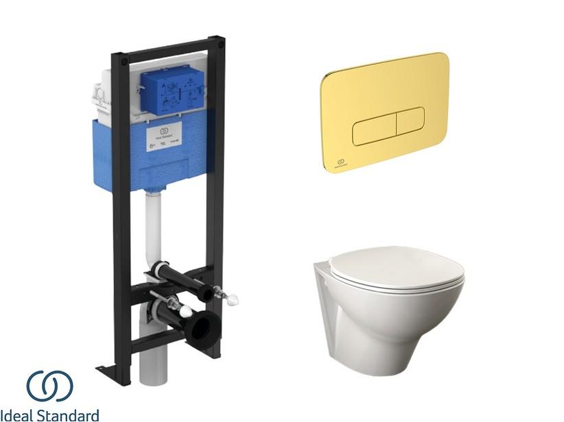 Set BERNA mit hängendem WC + Sitz + PROSYS-Einbauspülkasten und OLEAS-Betätigungstaste Gold Satin - Ideal Standard® | IperCeramica