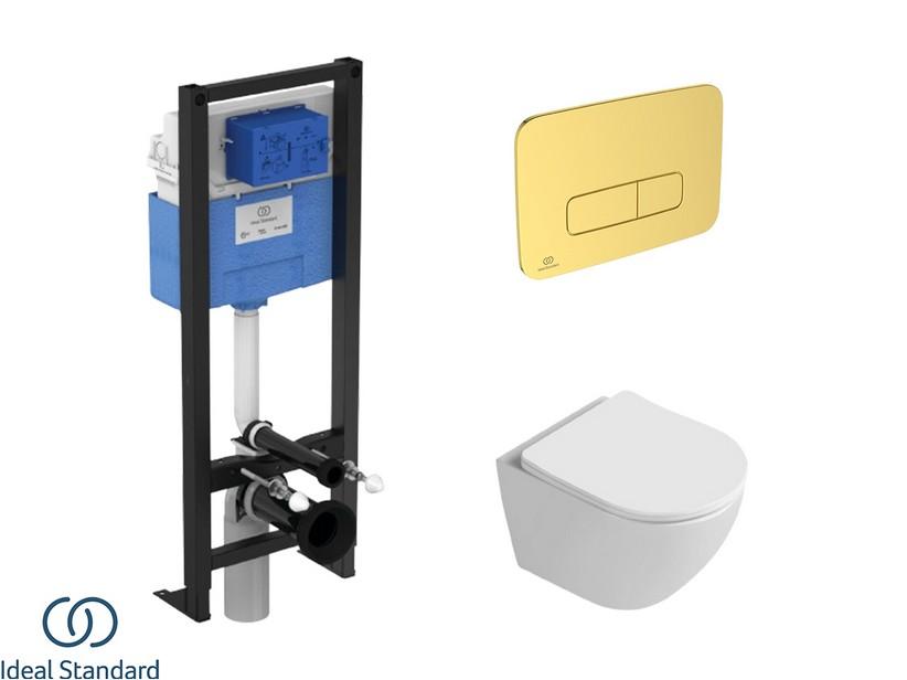 Set CARDANO mit hängendem WC + Sitz + PROSYS-Einbauspülkasten und OLEAS-Betätigungstaste Gold Satin - Ideal Standard® | IperCeramica