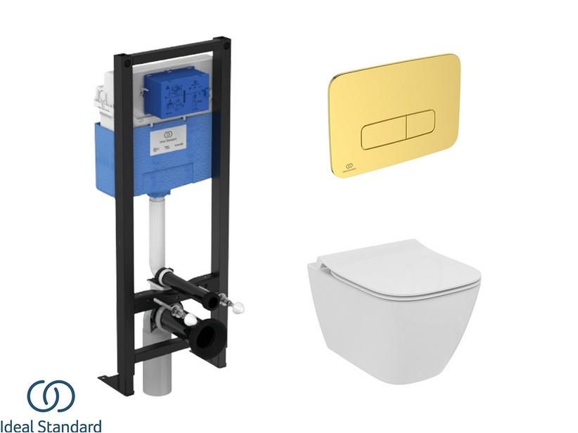 Set i.LIFE-S mit hängendem WC + Sitz + PROSYS-Einbauspülkasten und OLEAS-Betätigungstaste Gold Satin - Ideal Standard® | IperCeramica