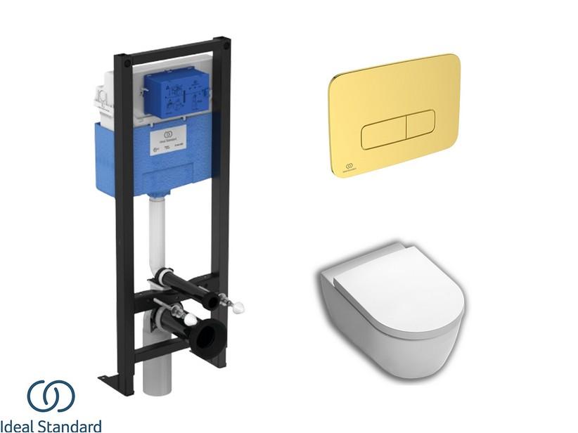 Set MONERO mit hängendem WC + Sitz + PROSYS-Einbauspülkasten und OLEAS-Betätigungstaste Gold Satin - Ideal Standard® | IperCeramica