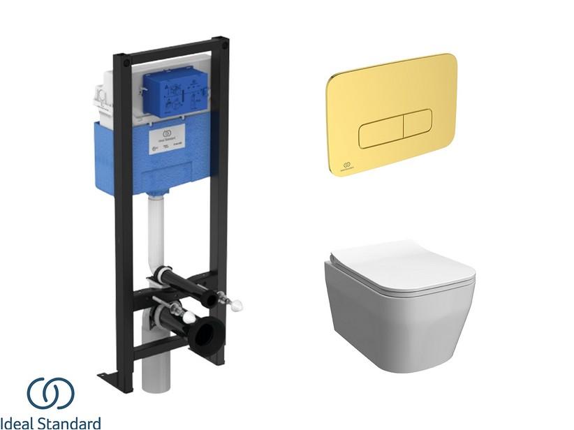 Set WIKI mit hängendem WC + Sitz + PROSYS-Einbauspülkasten und OLEAS-Betätigungstaste Gold Satin - Ideal Standard® | IperCeramica