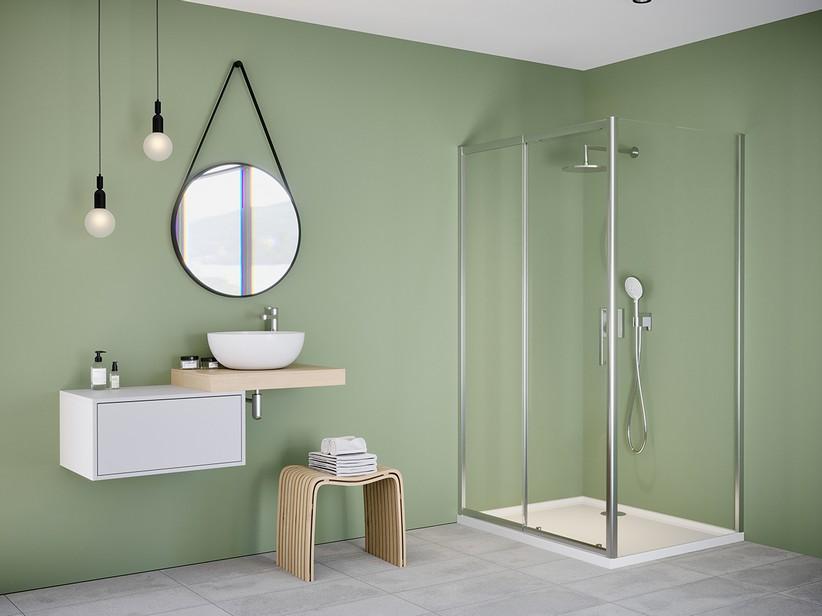 Eckduschkabine Brezza 140x70 H195 Erw 130/140 - 77/79 Schiebetür und fester Teil aus transparentem Kristallglas 6 mm verchromt | IperCeramica