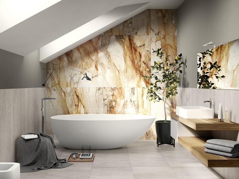 Fliese Malawi Gold Marbles 60X120 Feinsteinzeug Marmoroptik Glänzend Poliert Gold | IperCeramica