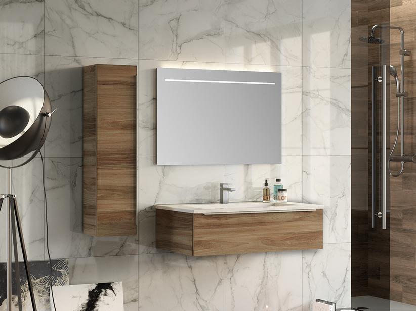 BADEZIMMERSCHRANK TRENDY 90 CM NUSSBAUM UND WASCHTISCH AUS KUNSTHARZ WEISS GLÄNZEND | IperCeramica