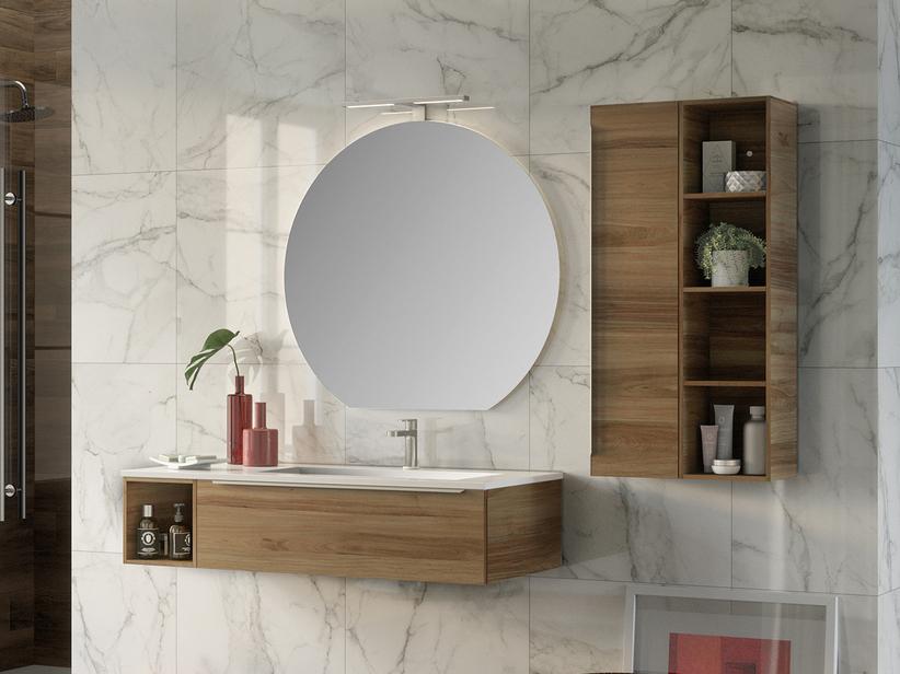 BADEZIMMERSCHRANK TRENDY 115 CM NUSSBAUM UND WASCHTISCH HIDE RECHTS WEISS GLÄNZEND | IperCeramica