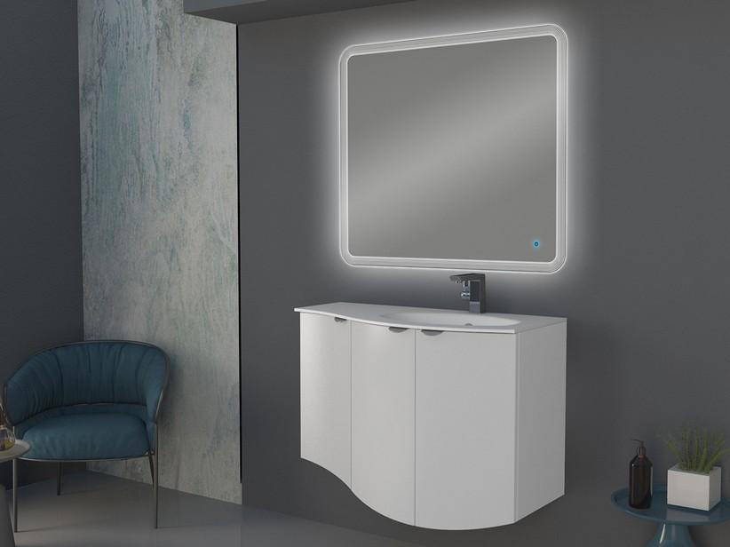 Geschwungenes Badmöbel Wave 104 cm Weiß matt und Waschbecken aus Glas Becken rechts Weiß glänzend | IperCeramica