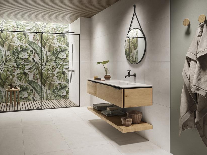 Badmöbel OXYGEN 140 cm 2 Schubladen Eichennaturholz mit Knorren, Unitop-Waschbecken HIDE rechts Harz Weiß mit Steinoptik | IperCeramica