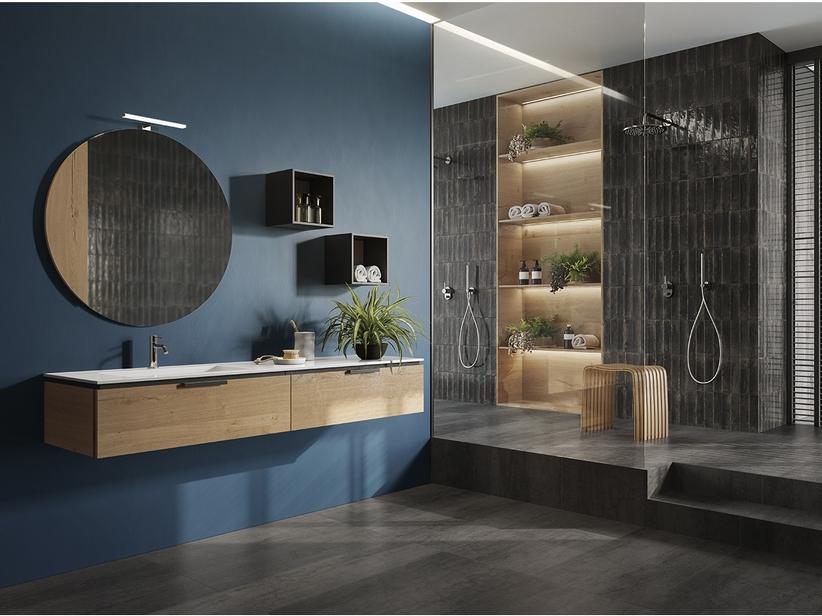 Badmöbel OXYGEN 160 cm 2 Schubladen und Unitop-Waschbecken HIDE links aus Gussmarmor Weiß glänzend | IperCeramica