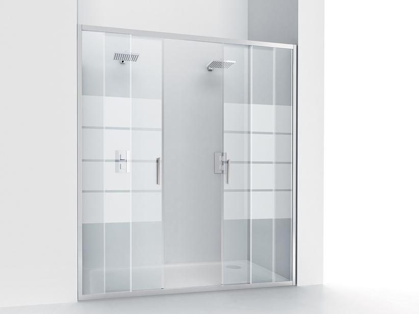 Duschtür aus 2 Schiebetüren Nice cm 140xH195 Erw 136/140 Glasstärke 6 mm Transparent mit Siebdruck Chrom | IperCeramica