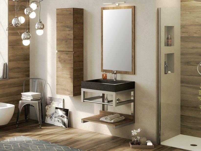 METALLKONSOLE PURESTONE 60 cm EDELSTAHL SATINIERT MIT WASCHBECKEN AUS SCHWARZEM STEIN | IperCeramica