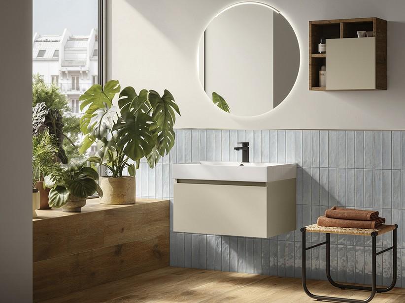 Badmöbel Qubo 70 cm 1 Schublade Cashmere mit Unitop Waschbecken Quadro aus Harz, zentrales Becken, Weiß glänzend | IperCeramica
