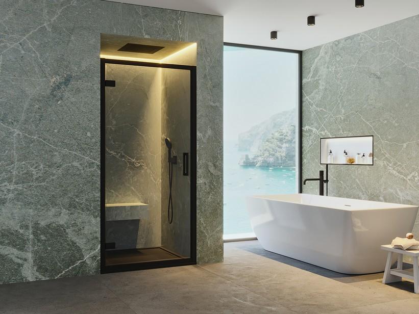 Drehduschtür Renu cm 80xH195 Erw 74/80 Transparentes Kristallglas 8 mm Schwarz matt | IperCeramica