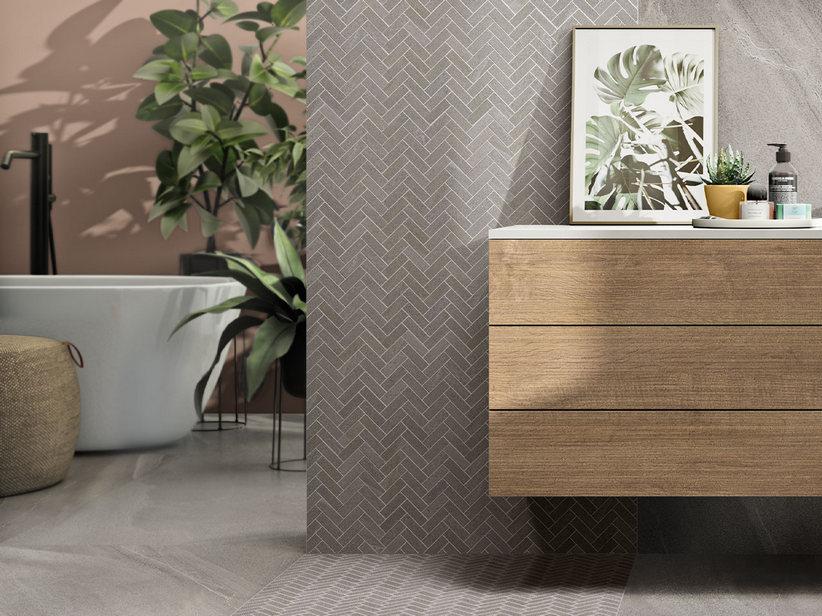 Mosaik Rockstone Grey 32X32 Steinoptik Fischgrätenmuster Grau | IperCeramica