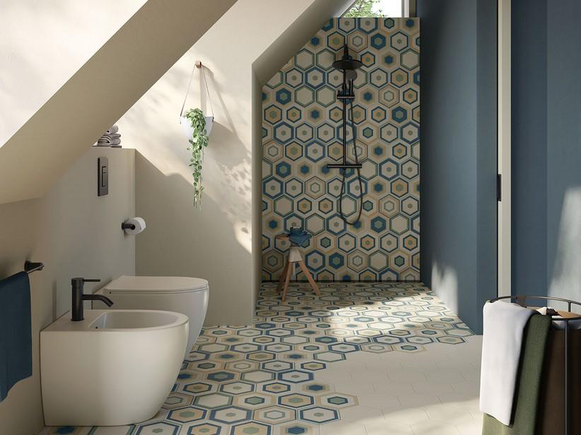 Fliese Six Deco Frame Cold sechseckig 21x18,2 Dekoriertes Feinsteinzeug | IperCeramica