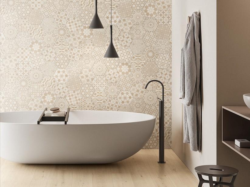 Fliese Six Deco Marrakech Light sechseckig 21x18,2 Dekoriertes Feinsteinzeug | IperCeramica