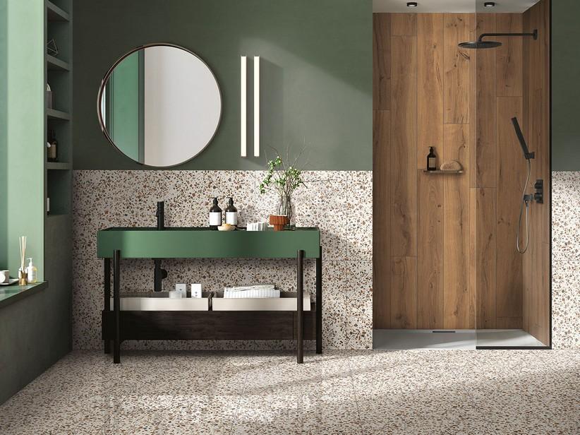 Fliese Spot Sage 60x60 Feinsteinzeug mit der Optik von grünem Terrazzo | IperCeramica
