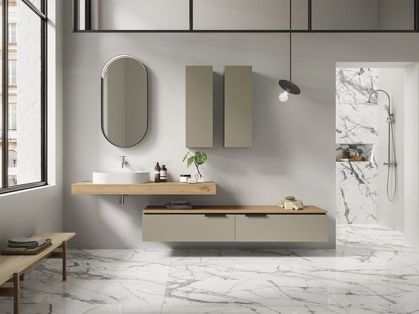 Kommode TOUCH 140 cm 2 Schublade Taupe matt und Top 1,8 cm Eiche | IperCeramica