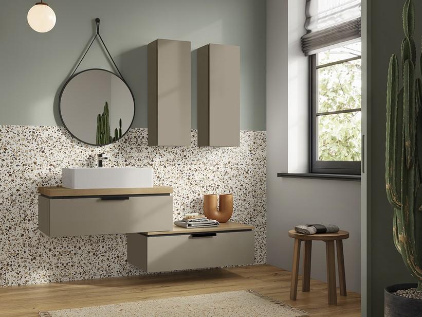 Badmöbel TOUCH 90 cm 1 Schublade Taupe matt und Top 4,5 cm Eichenholz | IperCeramica