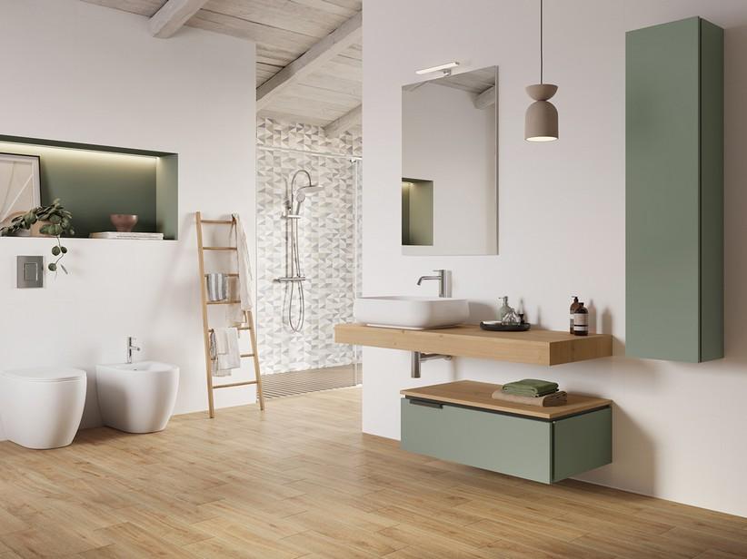 Kommode TOUCH 90 cm 1 Schublade Salbeigrün Matt und 1,8 dicke Eichenplatte mit Knorren | IperCeramica