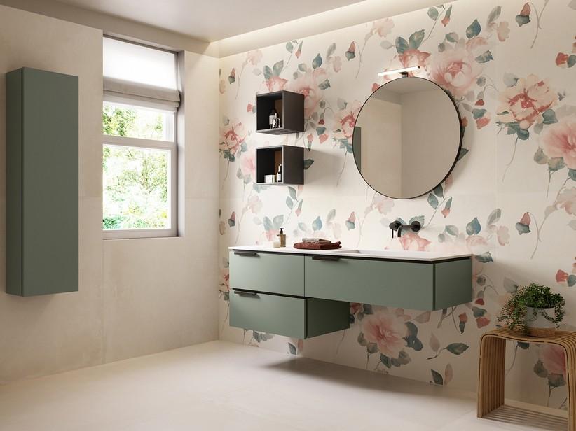 Badmöbel TOUCH 160 cm 3 Schubladen Salbeigrün Matt und Unitop-Waschbecken HIDE rechts aus Gussmarmor mit Steinoptik Weiß | IperCeramica