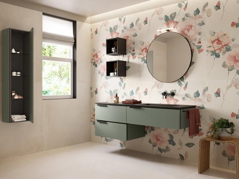 Badmöbel TOUCH 160 cm 3 Schubladen Salbeigrün und Unitop-Waschbecken HIDE rechts aus Gussmarmor mit Steinoptik Schwarz | IperCeramica