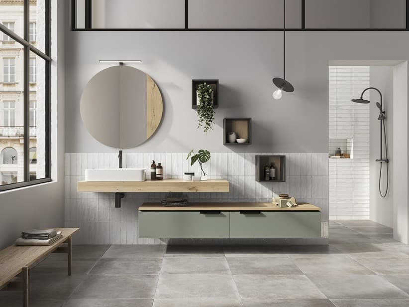 Kommode TOUCH 140 cm 2 Schubladen Salbeigrün Matt und 1,8 cm dicke Eichenplatte mit Knorren | IperCeramica
