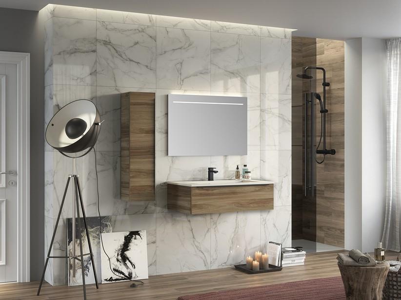 Badezimmerschrank Trendy 90 cm Belgravia Nussbaum und Waschbecken Kunstharz Hide Mattweiß | IperCeramica