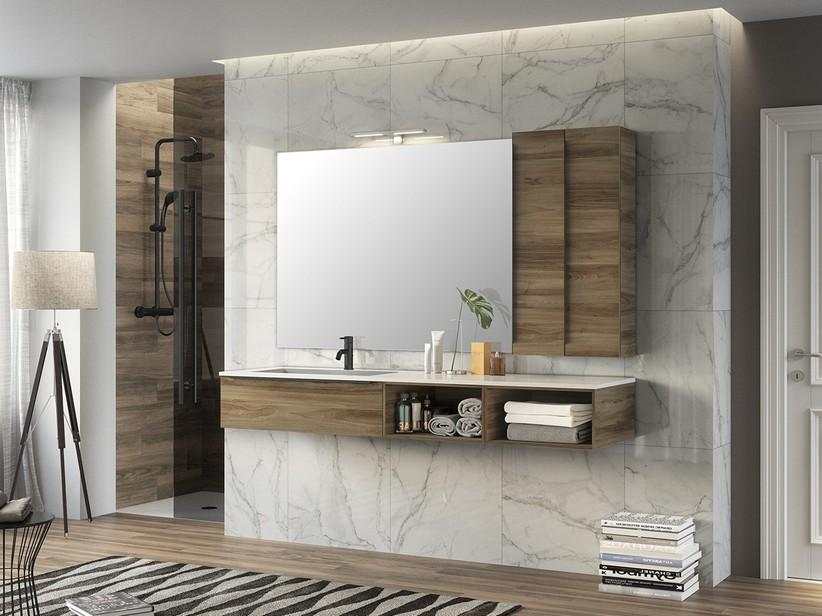 Badezimmerschrank Trendy 190 cm Belgravia Nussbaum mit 1 Schublade und Waschbecken Hide Links Mattweiß | IperCeramica