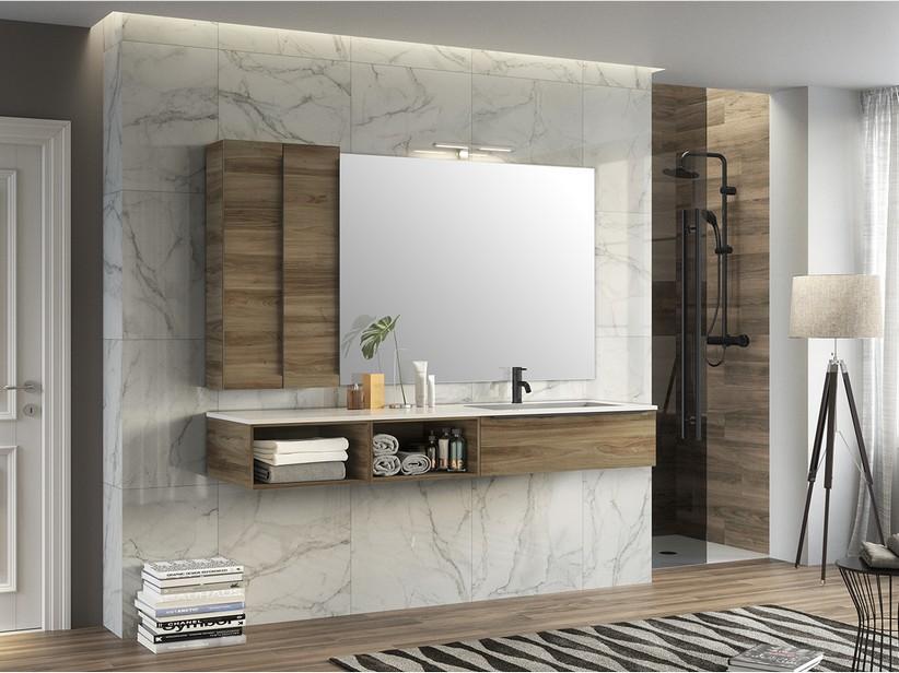 Badezimmerschrank Trendy 190 cm Belgravia Nussbaum mit 1 Schublade und Waschbecken Hide Rechts Weiß Glänzend | IperCeramica