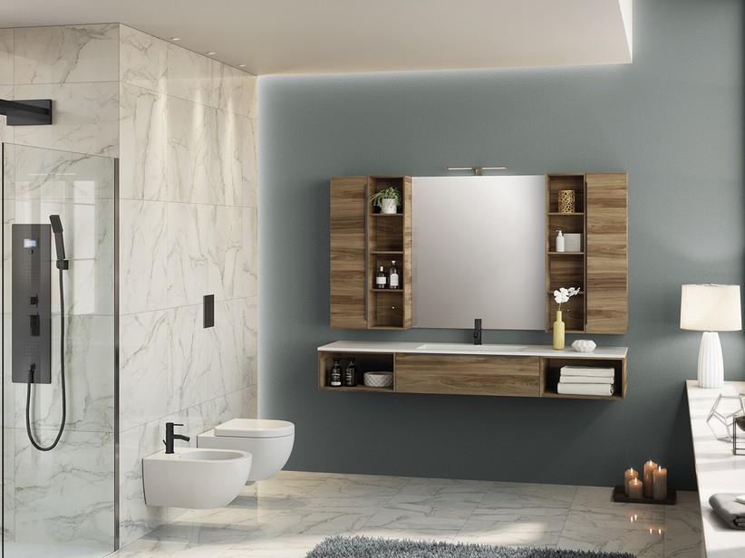 Badezimmerschrank Trendy 190 cm Belgravia Nussbaum mit 1 Schublade und Waschbecken Hide Weiß Glänzend | IperCeramica