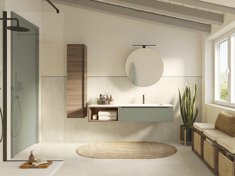 Badmöbel Trendy 140 cm Grün matt/Nussbaum mit Hide Waschbecken aus Harz Re. Weiß glänzend | IperCeramica