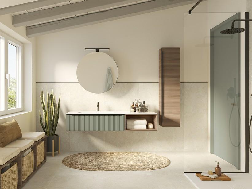 Badmöbel Trendy 140 cm Grün matt/Nussbaum mit Hide Waschbecken aus Harz Li. Weiß matt | IperCeramica