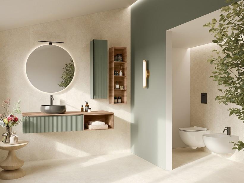 Badmöbel Trendy 141 cm Grün matt mit dünner Platte Nussbaum für Aufsatzwaschbecken | IperCeramica