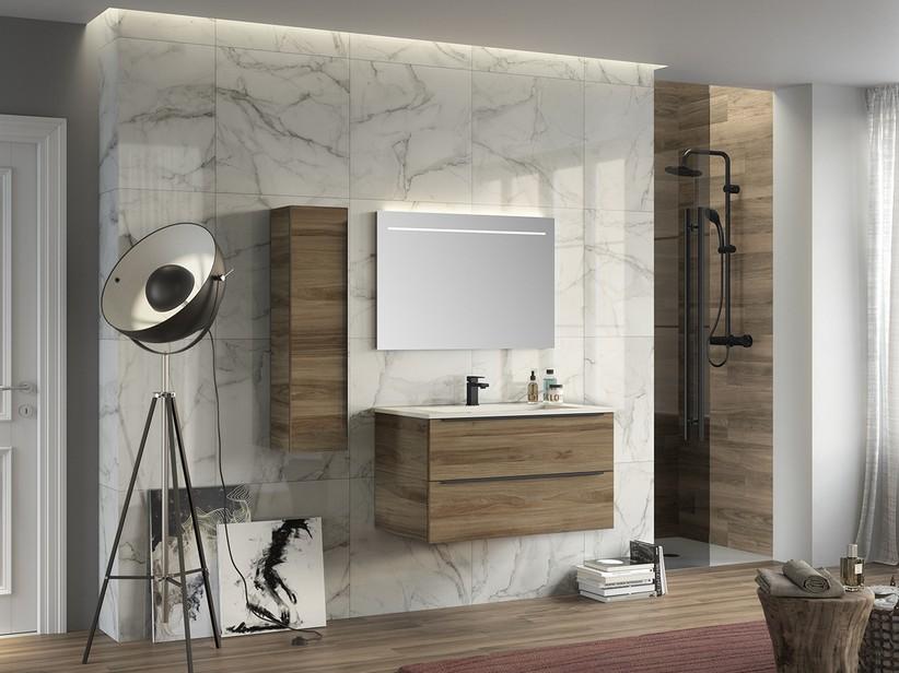 Badezimmerschrank Trendy 90 cm Belgravia Nussbaum mit 2 Schubladen und Waschbecken Hide Kunstharz Mattweiß | IperCeramica
