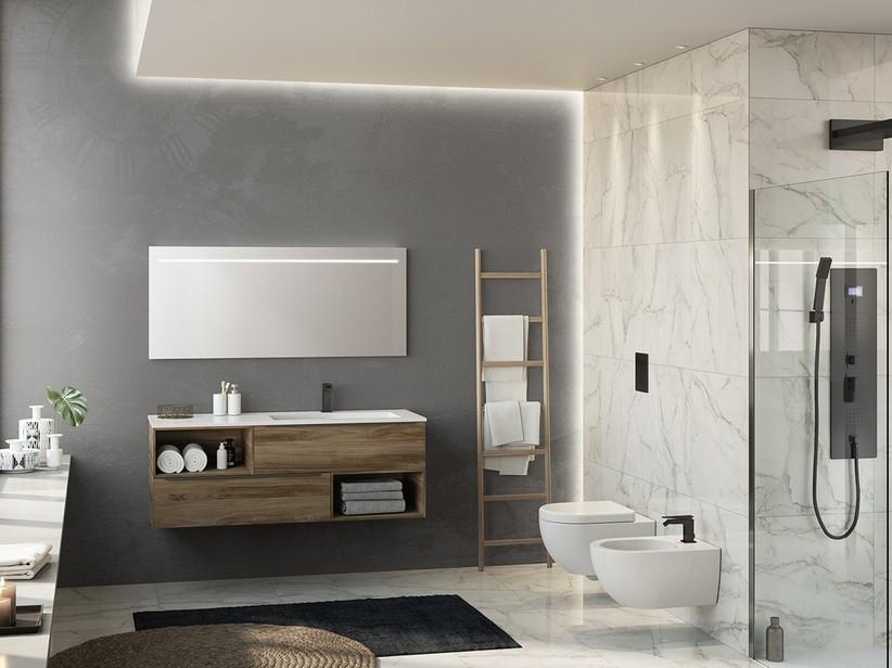 Badezimmerschrank Trendy 140 cm Belgravia Nussbaum mit 2 Schubladen Hide Kunstharz Weiß Glänzend Waschbecken Rechts | IperCeramica