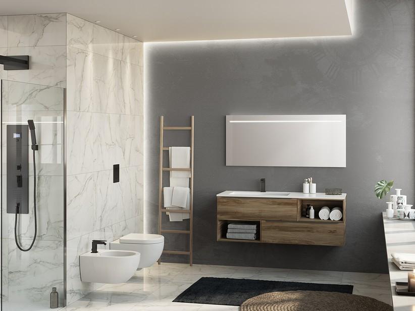 Badezimmerschrank Trendy 140 cm Belgravia Nussbaum mit 2 Schubladen Hide Kunstharz Weiß Glänzend Waschbecken Links | IperCeramica