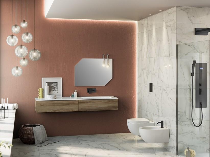 Badezimmerschrank Trendy 180 cm Belgravia Nussbaum mit 2 Schubladen und Waschbecken Hide Rechts Mattweiß | IperCeramica