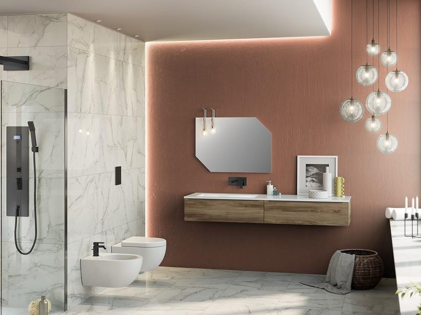 Badezimmerschrank Trendy 180 cm Belgravia Nussbaum mit 2 Schubladen und Waschbecken Hide Links Weiß Glänzend | IperCeramica