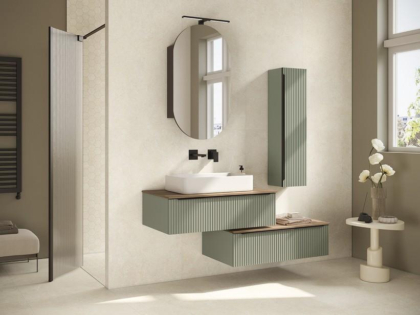 Hängekommode Trendy 90 cm gerippt Grün matt und dünne Platte Nussbaum Belgravia | IperCeramica