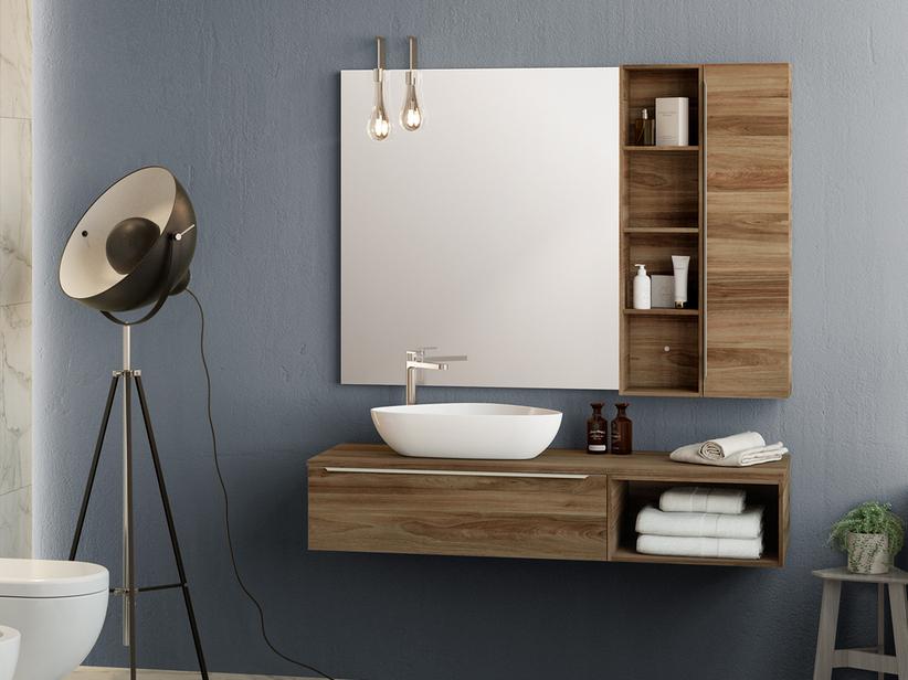BADEZIMMERSCHRANK TRENDY 141 CM NUSSBAUM MIT PLATTE FÜR AUFSATZWASCHBECKEN LINKS | IperCeramica