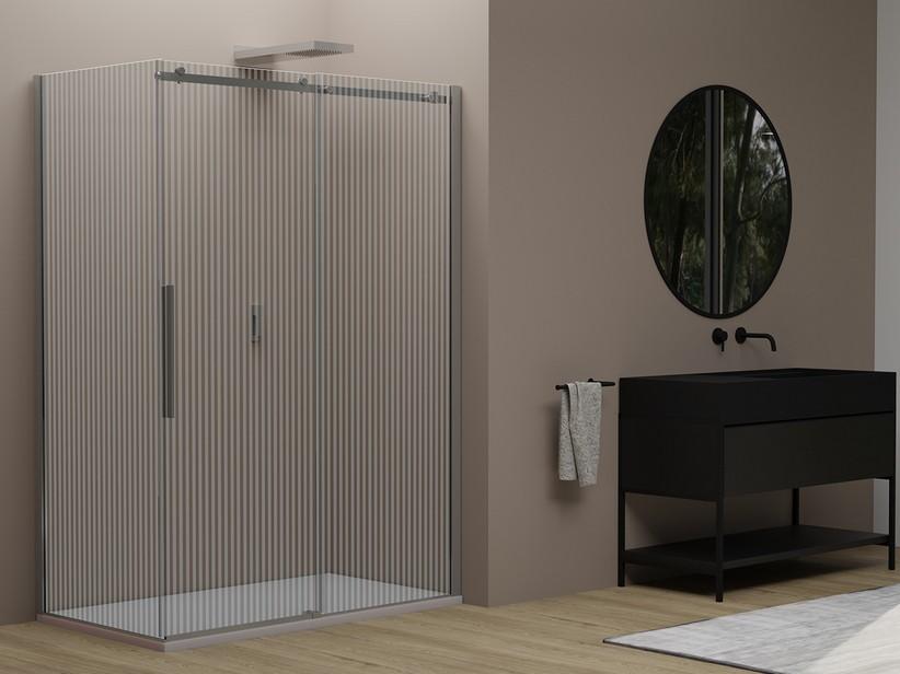 Eck-Duschkabine Velo cm 120x70 H200 Erw 117/119 - 67/69 Schiebetür rechts aus Kristallglas mit Siebdruck, Profile Chrom | IperCeramica