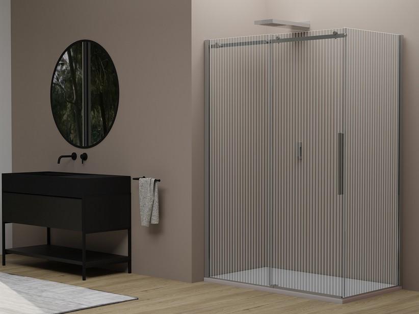 Eck-Duschkabine Velo cm 100x80 H200 Erw 97/99 - 77/79 Schiebetür links aus Kristallglas mit Siebdruck, Profile Chrom | IperCeramica