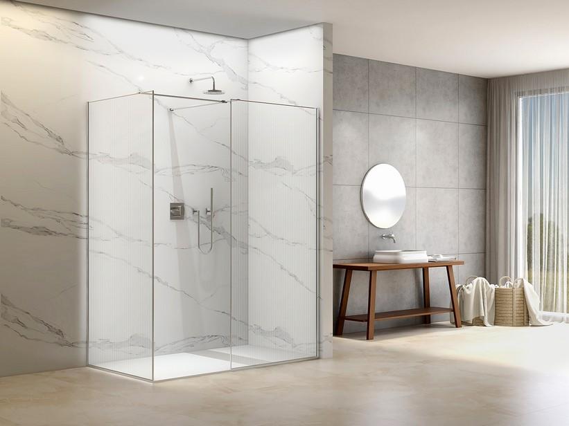 Walk-In-Dusche Namaste' 2 Seiten 100x80 cm H200 Erw 98/100 - 78/80 Kristallglas 8 mm mit gewellter Optik und Profil Chrom | IperCeramica