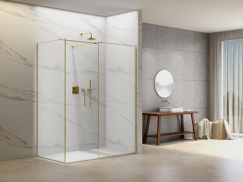 Walk-In-Dusche Namaste' 2 Seiten 90x80 cm H200 Erw 88/90 - 78/80 Kristallglas 8 mm gewellter Optik und Profil Gold gebürstet | IperCeramica