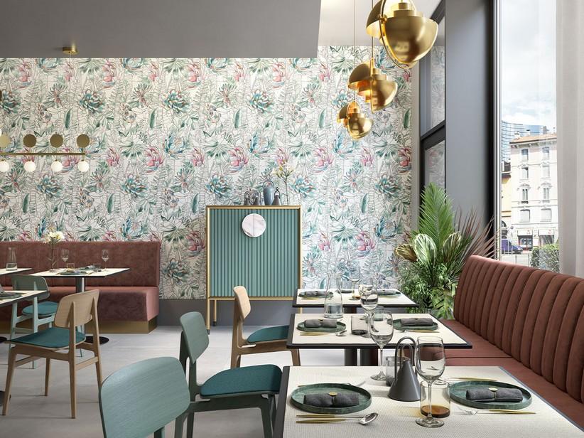 Wallart Dekor Inkline Color dünn Feinsteinzeug Floral Tapetenoptik Komposition 100x100 | IperCeramica