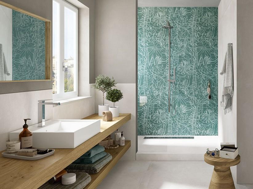 Wallart Dekor Inkline Grün dünn Feinsteinzeug Floral Tapetenoptik Komposition 100x100 | IperCeramica
