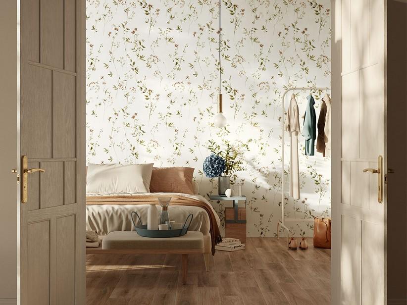 Wallart Dekor Jasmine Elfenbein dünn Feinsteinzeug Floral Tapetenoptik Komposition 100x100 | IperCeramica
