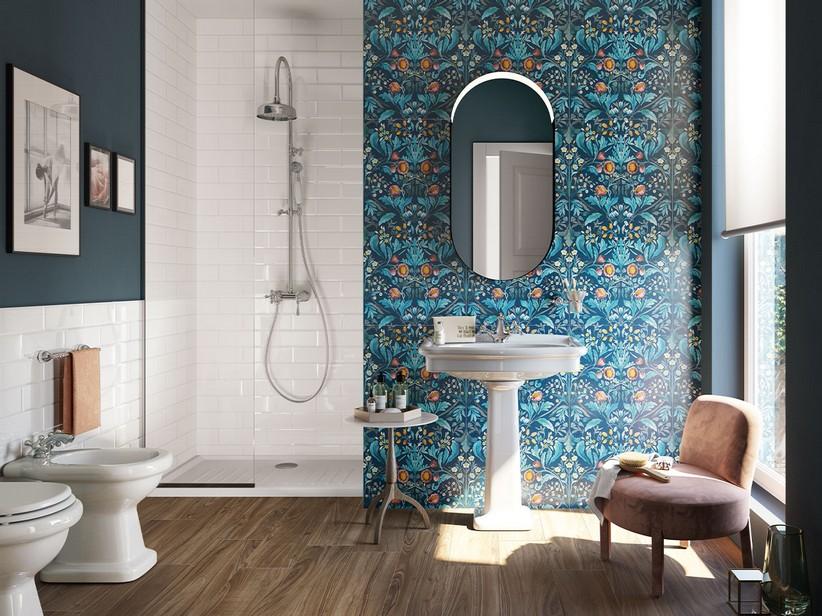 Wallart Dekor Liberty Blau dünn Feinsteinzeug Floral Tapetenoptik 50x100 | IperCeramica