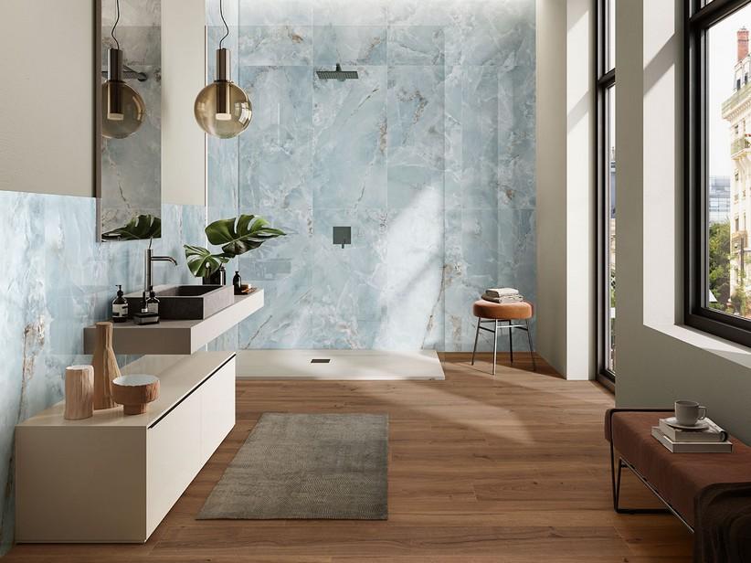 Fliese Waterfall Marbles 60x120 Feinsteinzeug Marmoroptik hellblau poliert glänzend | IperCeramica